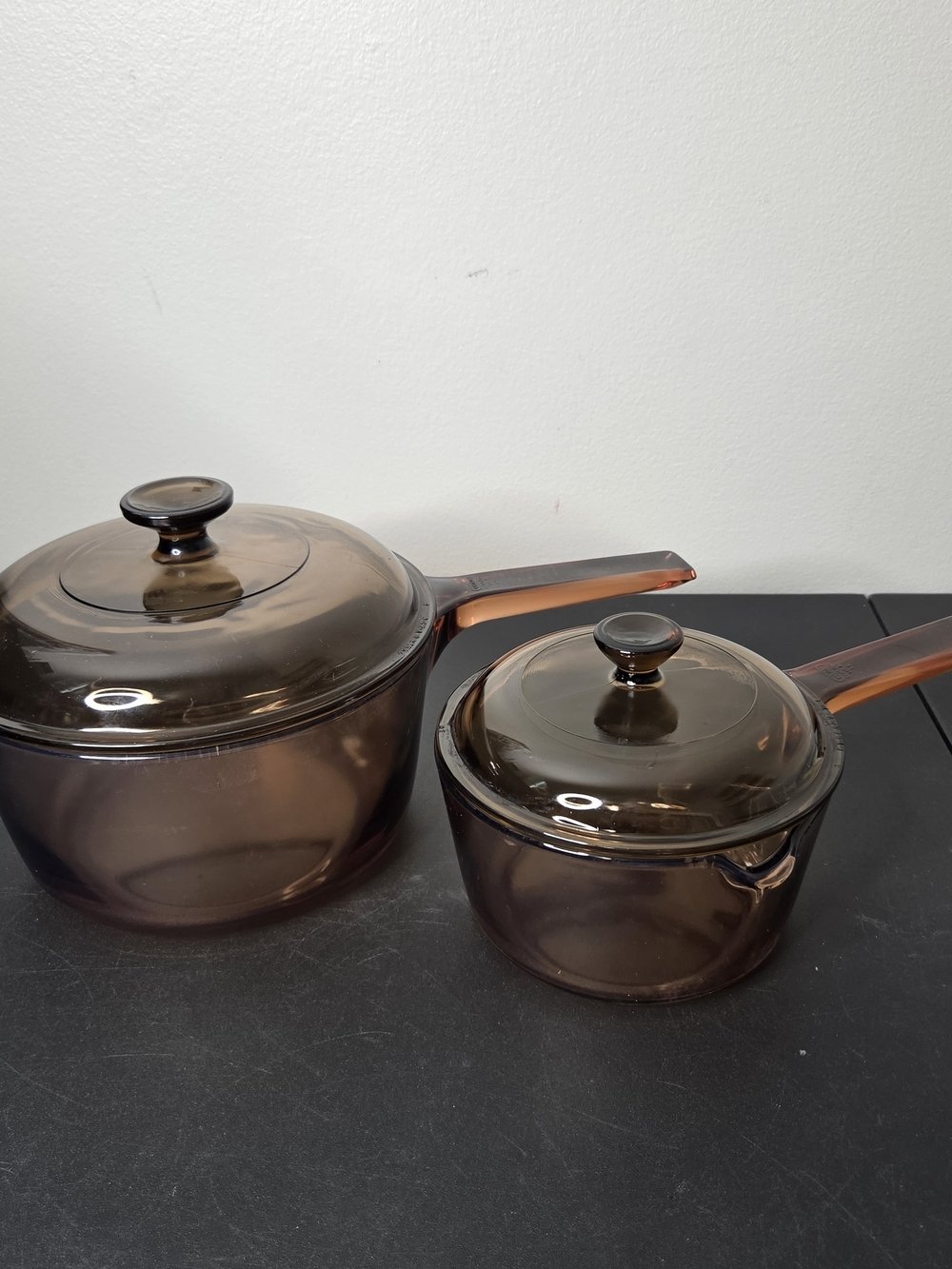 Vintage Pyrex Visions Corning Ware Amber Glass Saucepans 2.5L & 1L